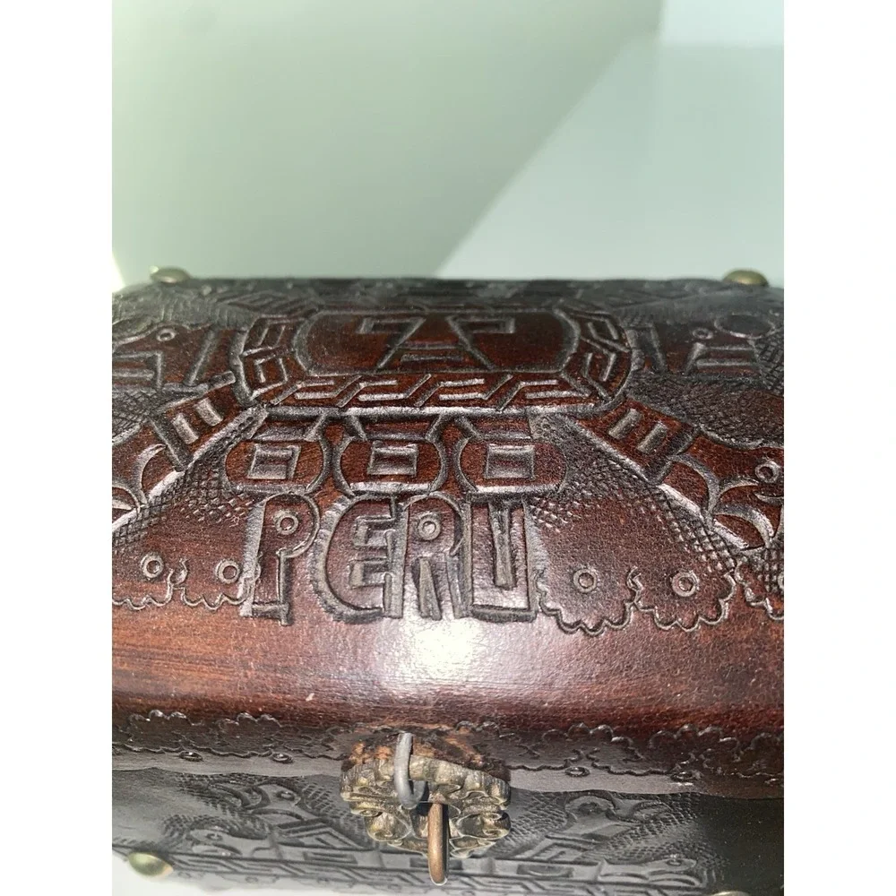Vintage Peruvian Leather Embossed Folk Art Jewelry Box